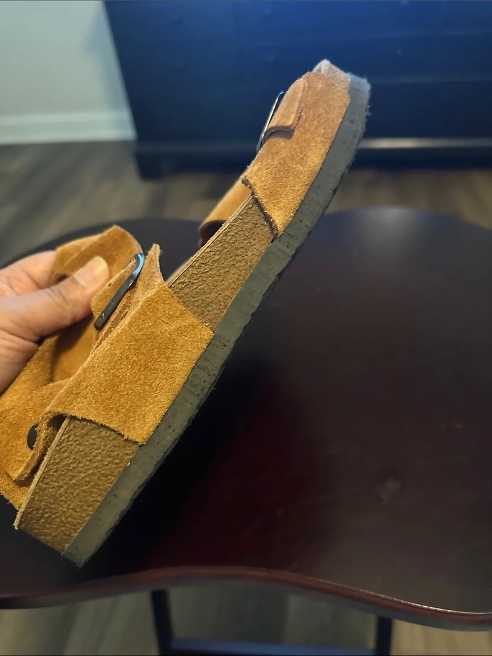 Women’s Two-Buckle Suede Sandals in Tan
